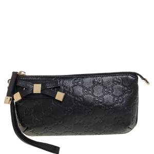 Pre Owned Gucci Black Guccissima Leather Princy Wristlet Clutch