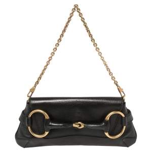 Pre Owned Gucci Black Leather Horsebit Chain Clutch