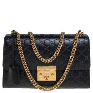 Pre Owned Gucci Black Guccissima Leather Medium Padlock Shoulder Bag