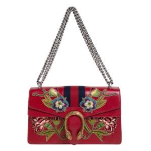 Gucci Red Leather Floral Embroidered Small Dionysus Shoulder Bag