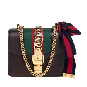 Pre Owned Gucci Black Leather Mini Web Chain Sylvie Shoulder Bag
