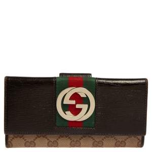 Pre Owned Gucci Beige/Ebony GG Canvas and Leather Web Continental Wallet