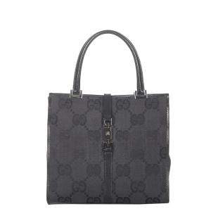 Pre Owned Gucci Black Leather-trimmed GG Canvas Jackie Bag