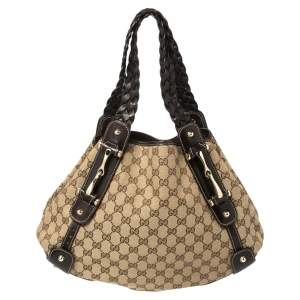 Gucci Brown/Beige GG Canvas and Leather Small Horsebit Pelham Shoulder Bag