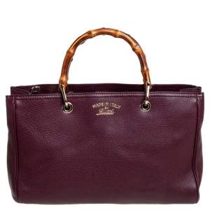 Pre Owned Gucci Burgundy Leather Medium Bamboo Shopper Tote