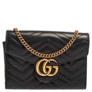 Gucci Black Matelassé Leather GG Marmont Wallet On Chain