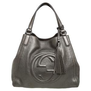 Pre Owned Gucci Grey Pebbled Leather Soho Working Tote