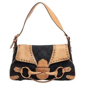 Gucci Black/Brown GG Canvas and Leather Small Horsebit Chain Shoulder Bag