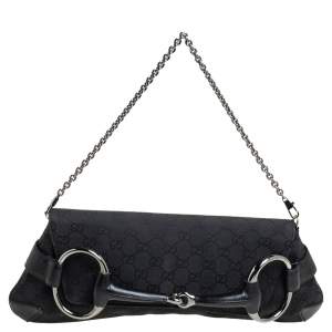 Gucci Black GG Canvas and Leather Horsebit Chain Clutch