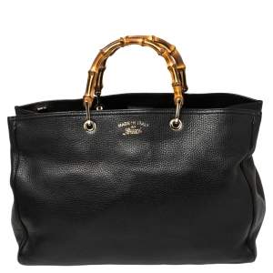 Pre Owned Gucci Black Leather Large Bamboo Handle Shopper Tote  
