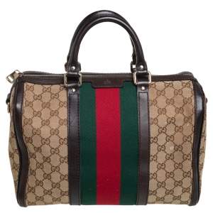 Pre Owned Gucci Beige/Brown GG Canvas and Leather Medium Vintage Web Boston Bag