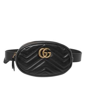Pre Owned Gucci Black Matelassé Leather GG Marmont Belt Bag
