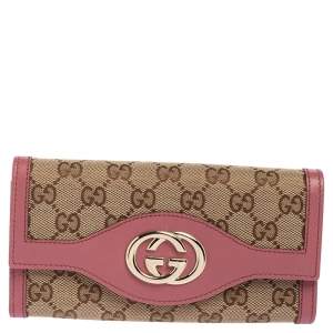 Pre Owned Gucci Beige/Pink GG Canvas and Leather Interlocking G Continental Wallet