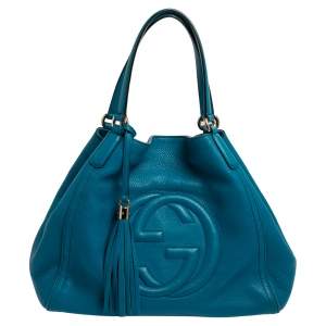 Pre Owned Gucci Blue Pebbled Leather Medium Soho Tote