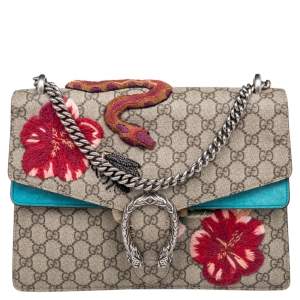 مملوكة مسبقًا Gucci Beige/Blue GG Supreme Canvas and Suede Medium Embroidered Snake/Flowers Dionysus Shoulder Bag