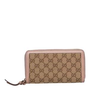 Gucci Beige/Pink Leather And GG Canvas Bree Zip Around Wallet