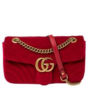 Pre Owned Gucci Red Matelassé Velvet Small GG Marmont Shoulder Bag