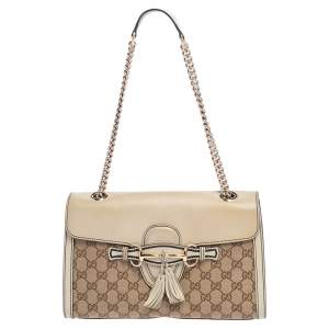 Pre Owned Gucci Beige GG Canvas and Leather Medium Emily Chain Shoulder Bag