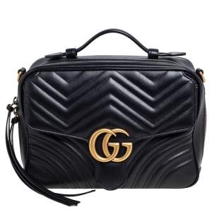 Pre Owned Gucci Black Matelasse Leather Small GG Marmont  Bag
