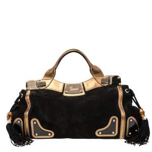 Pre Owned Gucci Black/Gold Suede And Leather Race Top Handle Bag