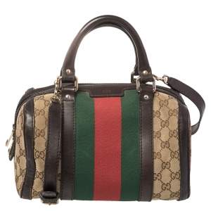 Pre Owned Gucci Dark Brown/Beige GG Canvas and Leather Small Vintage Web Boston Bag