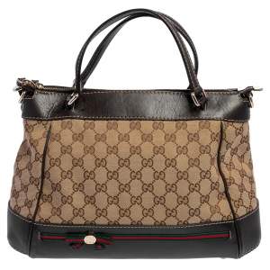 Gucci Beige/Ebony GG Canvas and Leather Small Mayfair Bow Tote