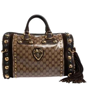 Pre Owned Gucci Brown/Beige GG Crystal Canvas and Suede Babouska Indy Boston Bag