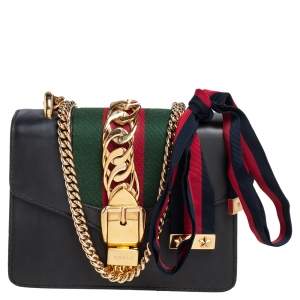 Pre Owned Gucci Black Leather Mini Web Chain Sylvie Shoulder Bag