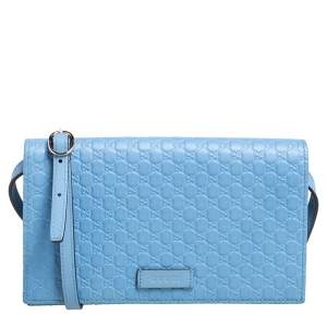 Pre Owned Gucci Blue Microguccissima Leather Flap Crossbody Bag