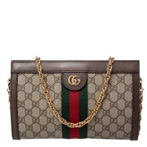 Pre Owned Gucci Beige/Ebony GG Supreme Canvas and Leather Small Ophidia Shoulder Bag