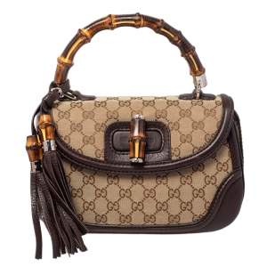 Pre Owned حقيبة غوتشي نيو بامبو كانفاس GG وجلد بيج/ بني داكن متوسطة بيد علوية 