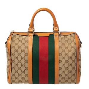 Pre Owned Gucci Brown/Beige GG Canvas Medium Vintage Web Boston Bag