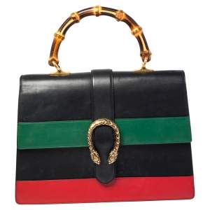 Pre Owned Gucci Tri Color Leather Large Dionysus Bamboo Top Handle Bag