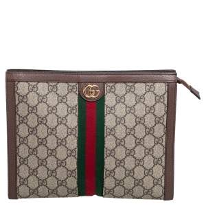 Pre Owned Gucci Beige/Brown GG Supreme Canvas and Leather Ophidia Pouch