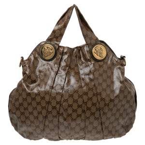 Pre Owned Gucci Brown/Beige GG Crystal Canvas and Leather Large Hysteria Hobo