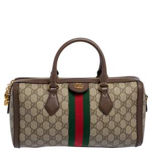 Pre Owned Gucci Beige/Brown GG Supreme Canvas and Leather Medium Ophidia Boston Bag  