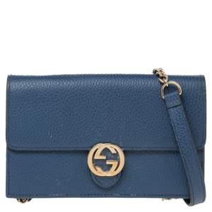 مملوكة مسبقًا محفظة بسلسلة غوتشي جي متشابك جلد أزرق