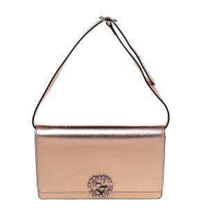 Pre Owned Gucci Metallic Gold Leather Crystal Embellished Interlocking G Broadway Clutch