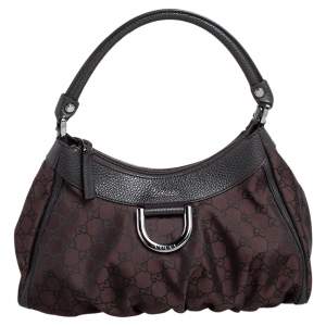 Pre Owned Gucci Dark Brown GG Fabric and Leather Small D Ring Hobo