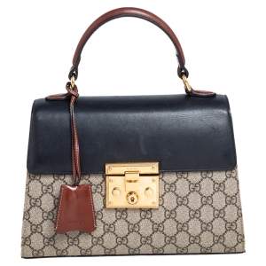 مملوكة مسبقًا حقيبة غوتشي جلد وكانفاس سوبريم GG بيج/أسود بيد علوية وقفل صغيرة 