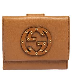 Gucci Tan Leather Interlocking G Studded French Wallet