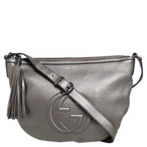 Pre Owned Gucci Metallic Grey Leather Soho Small Messenger Bag