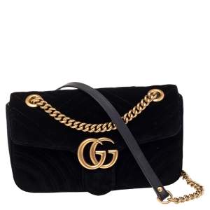 مملوكة مسبقًا Gucci Black Matelassé Velvet and Leather Small GG Marmont Shoulder Bag