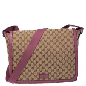 Pre Owned Gucci Beige/Pink GG Canvas and Leather Messenger Diaper Bag