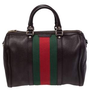 Pre Owned Gucci Dark Brown Leather Medium Vintage Web Boston Bag