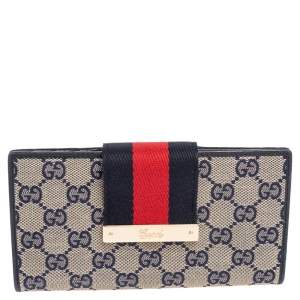 Gucci Beige/Navy Blue GG Canvas and Leather Ladies Web Continental Wallet