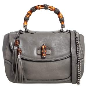 Pre Owned Gucci Grey Leather Large New Bamboo Tassel Top Handle Bag