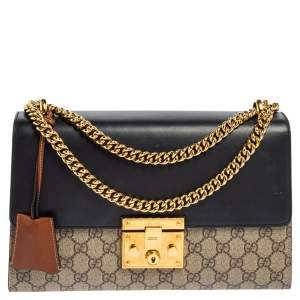Pre Owned حقيبة كتف غوتشي قفل متوسطة جلد وكانفاس سوبريم جي جي بني/ أسود