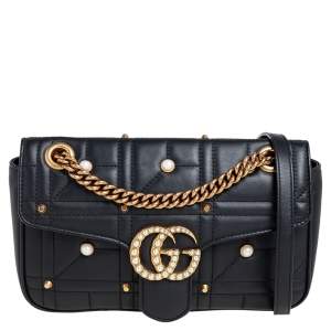 مملوكة مسبقًا Gucci Black Matelassé Leather Pearl Embellished GG Marmont Shoulder Bag