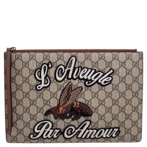 Pre Owned Gucci Beige/Brown GG Supreme Canvas and Leather L'Aveugle Par Amour Pouch
